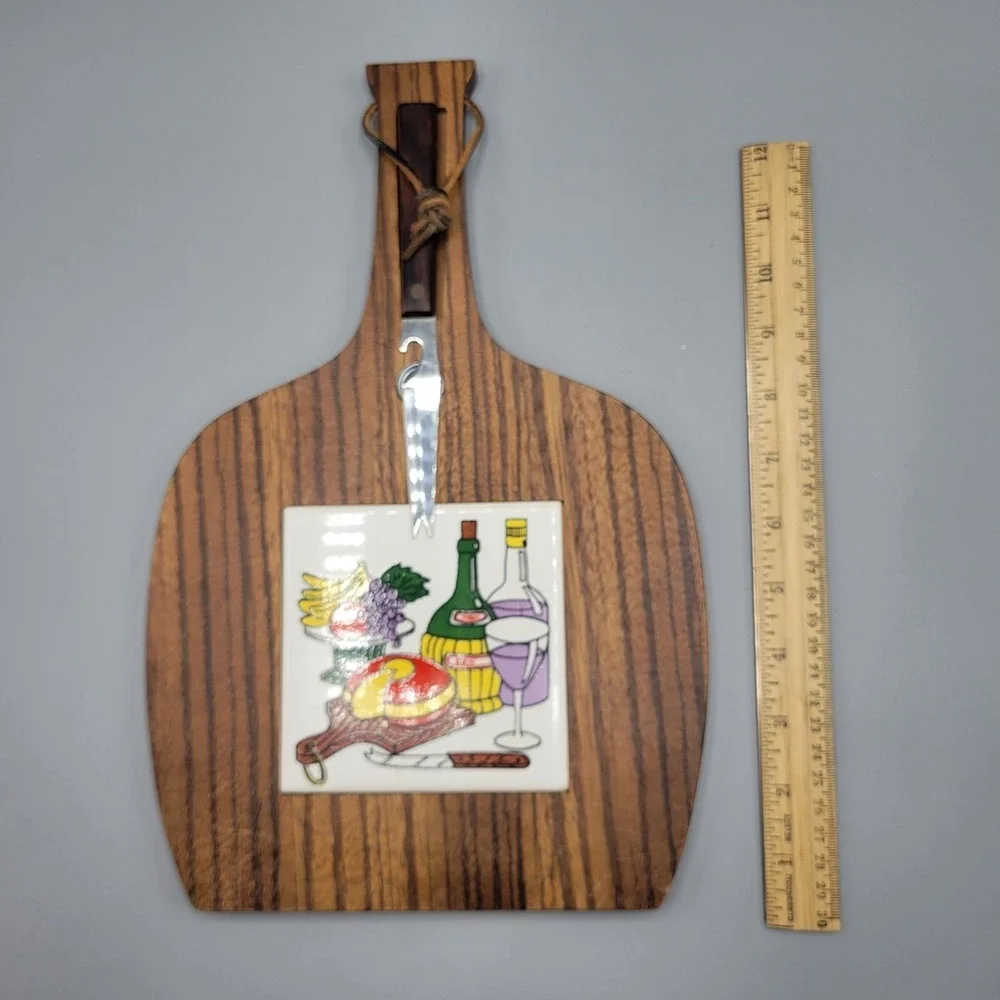 Vtg Cheese Fruit Cutting Board Ceramic Tile Trivet Inlay Magnetic Knife Japan